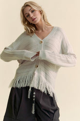 Davi & Dani Women’s Fringe V-Neck Acrylic Cardigan - Button-Up Long Sleeve